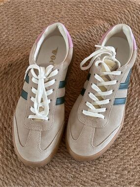 Gola Athena platform Beige Suede Sneakers with Green Stripe and Pink Heel
